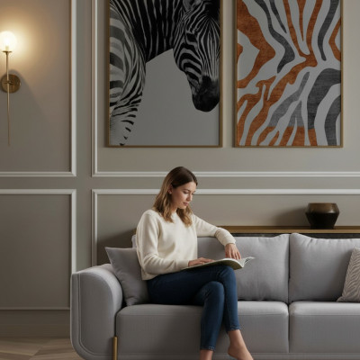 Monochromatic gray 3-seater sofa with golden steel legs for modern office
