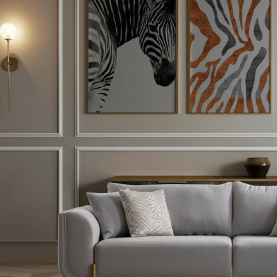 Monochromatic gray 3-seater sofa with golden steel legs for modern office