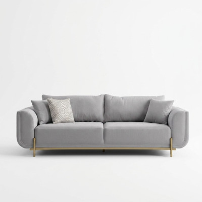 Monochromatic gray 3-seater sofa with golden steel legs for modern office