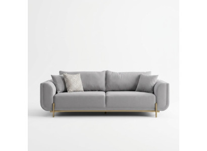 Monochromatic gray 3-seater sofa with golden steel legs for modern office