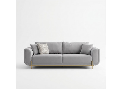 Monochromatic gray 3-seater sofa with golden steel legs for modern office