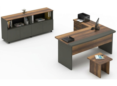 Study room set, table, sideboard, coffee table, storage space, wood, gray, brown