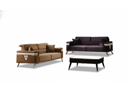 Designer Wohnzimmer Set Sofa Lila 2tlg. Sofagarnitur 3+3 Sitzer Braun Couchen