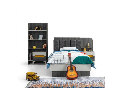 Kinderzimmer Kinderbett Bett Nachttisch Buecherregal Holz Möbel Grau Set