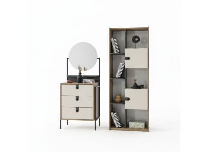 Modernes Set aus Kommode mit Spiegel und Bücherregal in Holzoptik und Creme