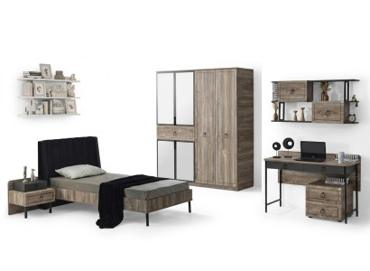 Set Bett Nachttisch Schreibtisch Modernes Design Schwarz Kinderzimmer 3-teilig