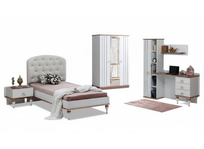 Set Bett Nachttisch Schreibtisch Modern Elegant Weiß Design Kinderzimmer 3-tlg