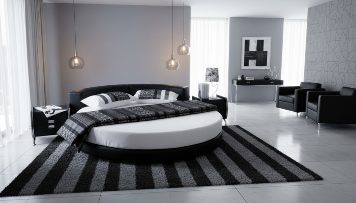 Modern black bed with elegant details and bench