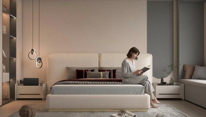 Bed frame in beige with gold details, modern design, headboard for bedroom