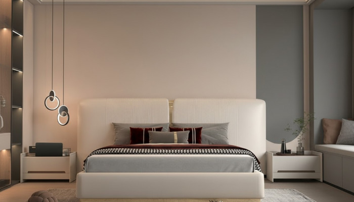 Bed frame in beige with gold details, modern design, headboard for bedroom
