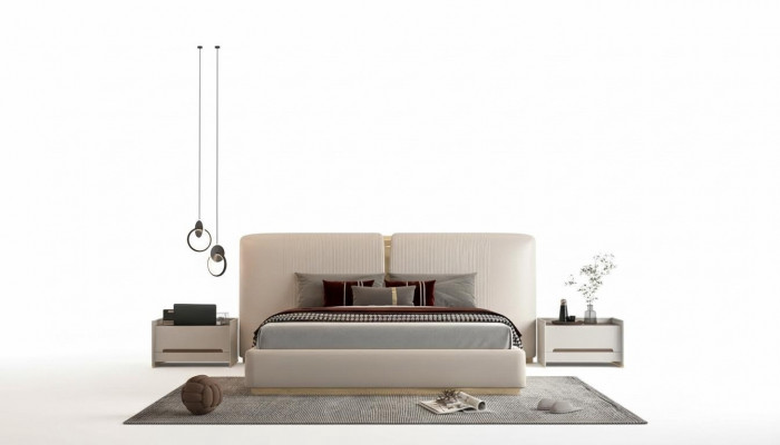 Bed frame in beige with gold details, modern design, headboard for bedroom