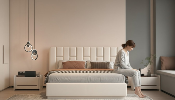 Bed with modern captain's design in beige