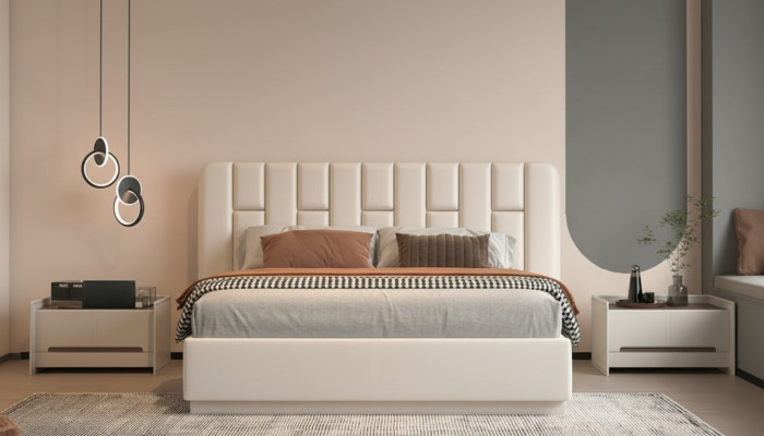 Bed with modern captain's design in beige