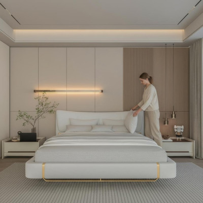 Pat luxos gray with golden details, modern design and comfortable headboard