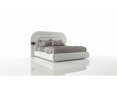 Luxury gray bed guard with golden details in modern design and soft upholstery