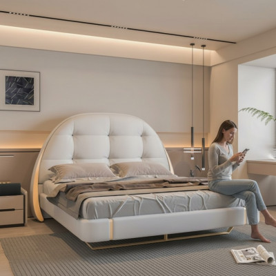 Bedding made of luxurious fabric with embroidered details and modern round headboard