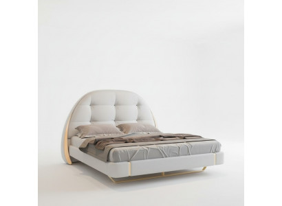 Bedding made of luxurious fabric with embroidered details and modern round headboard