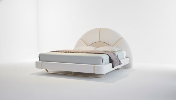 Luxury modern bed with golden details, rounded headboard