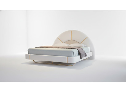 Luxury modern bed with golden details, rounded headboard