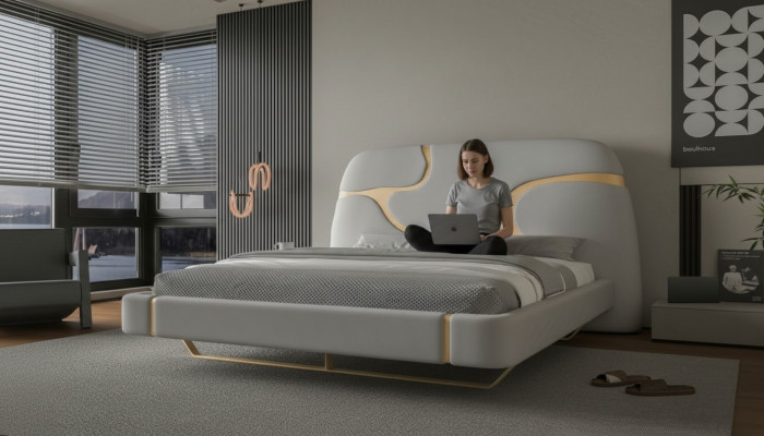 Luxury bed with golden details Modern design Soft headboard Bedroom