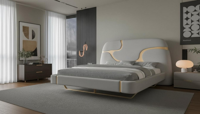 Luxury bed with golden details Modern design Soft headboard Bedroom