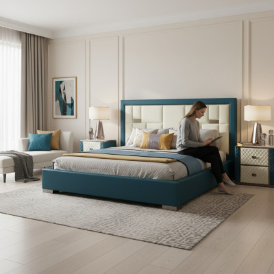 Luxury blue bed with modern upholstered headboard and vibrant colors