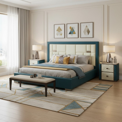 Luxury blue bed with modern upholstered headboard and vibrant colors