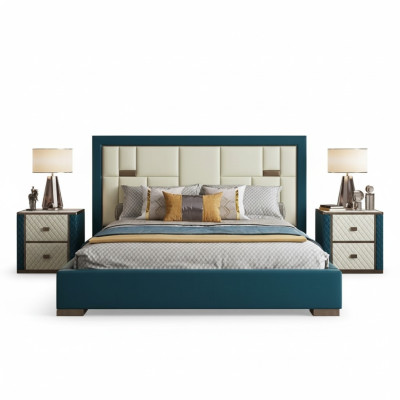 Luxury blue bed with modern upholstered headboard and vibrant colors