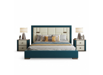 Luxury blue bed with modern upholstered headboard and vibrant colors