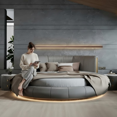 Bed in modern gray-beige design, exclusive for the bedroom