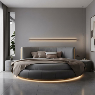 Bed in modern gray-beige design, exclusive for the bedroom