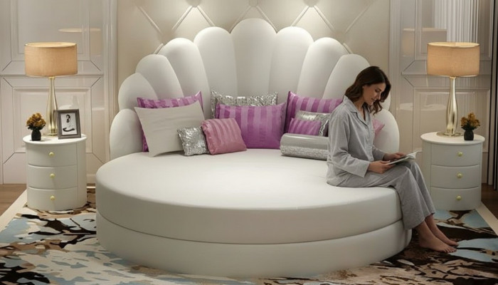 Elegant round white bed with purple velvet upholstery for modern bedroom