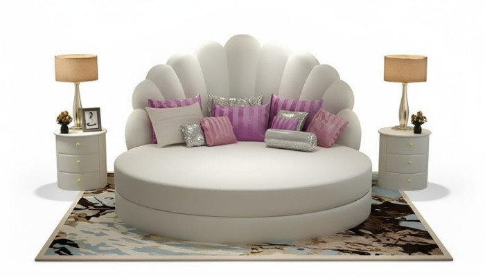 Elegant round white bed with purple velvet upholstery for modern bedroom