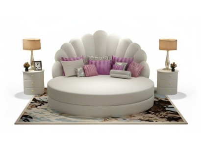 Elegant round white bed with purple velvet upholstery for modern bedroom
