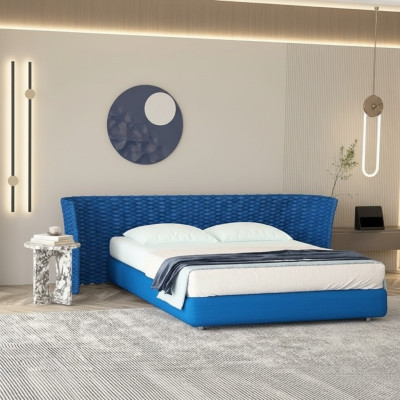 Blue fabric bed with upholstered headboard