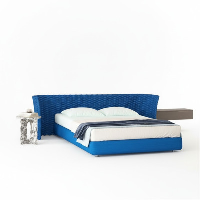 Blue fabric bed with upholstered headboard