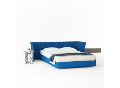 Blue fabric bed with upholstered headboard