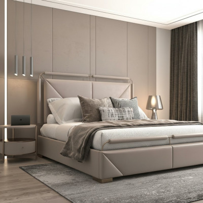 Modern luxury bed in beige with golden details and elegant headboard