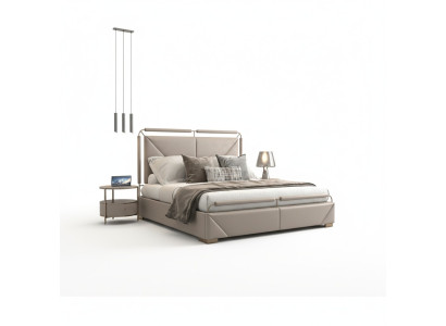 Modern luxury bed in beige with golden details and elegant headboard