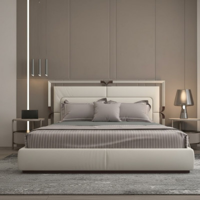 Modern luxury upholstered bed frame in beige with brown accents and an elegant headboard