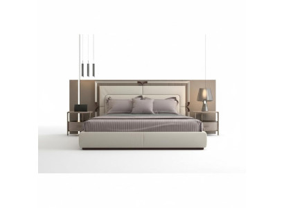 Modern luxury upholstered bed frame in beige with brown accents and an elegant headboard