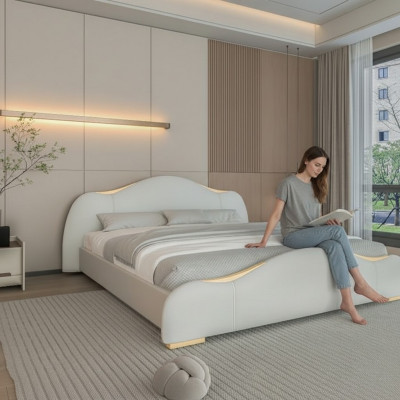 Modern gray bed with golden details and an elegant headboard