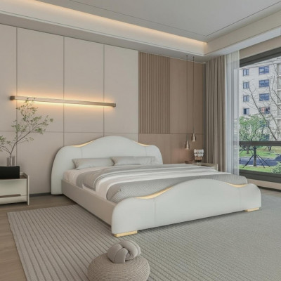 Modern gray bed with golden details and an elegant headboard