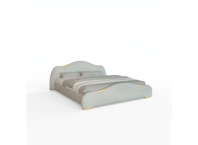 Modern gray bed with golden details and an elegant headboard