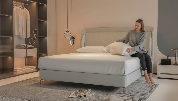 Modern luxury bed with elegant gold headboard in gray color