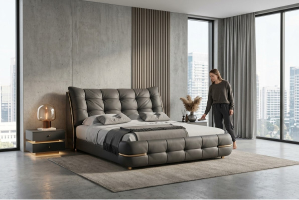 Modern bed, black with elegant pattern