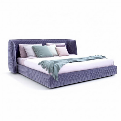 Bed in modern blue velvet design with elegant headboard