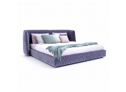 Bed in modern blue velvet design with elegant headboard
