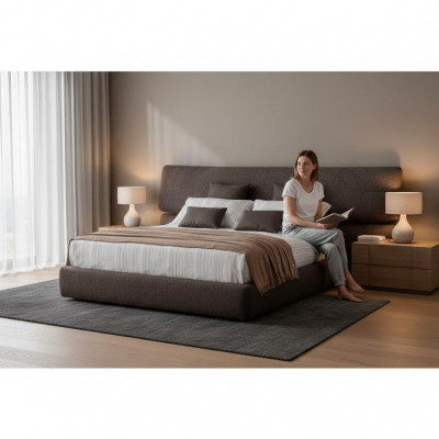 Bed in modern black fabric with high backrest