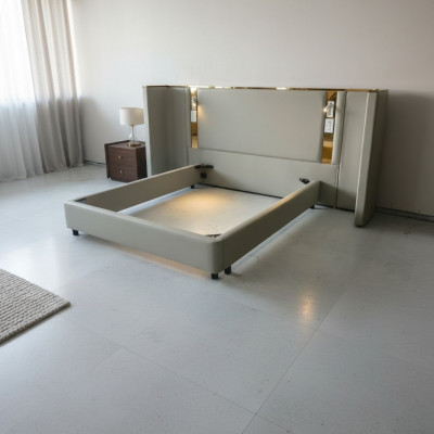 Luxury beige shaped bed with LED lighting, gold frame, and modern backrest